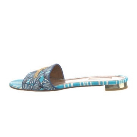 AQUAZZURA Mykonos Shell-Print Slide Sandals Blue Pattern Bright Travel Slides 41 - Picture 4 of 12